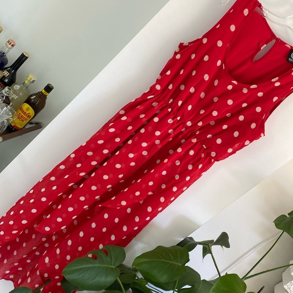 BOBEAU red white polka dots sheer chiffon dress L - Picture 2 of 5